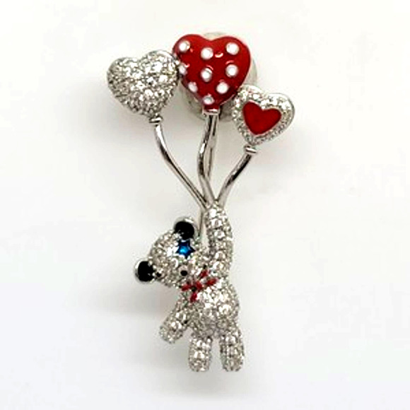 Rhodium Plated Silver Round CZ Bear & Balloons Pin - Picture 1 of 4